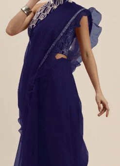 Teen Girls Blue Embroidered N Ruffles Saree Party Wear