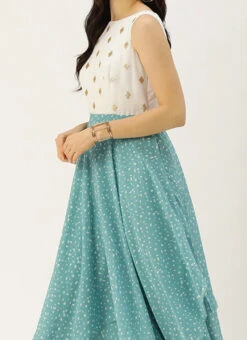 Teen Girls Blue N White Georgette Handkerchief Style Gown Festive Wear