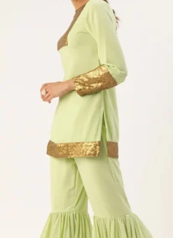 Teen Girls Gathered Flare Green Embroidered Gharara Suit Festive Wear