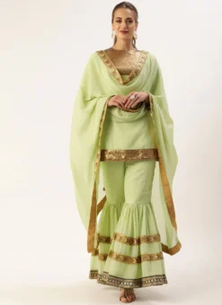 Teen Girls Gathered Flare Green Embroidered Gharara Suit Festive Wear -Mahra Clothing Shop Teen Girls Gathered Flare Green Embroidered Gharara Suit TGSLBS02103967 u