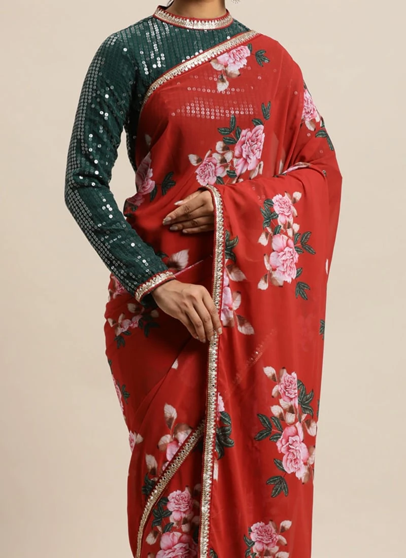 Teen Girls Green Blouse N Rust Digital Printed Saree Festive Wear 1 Teen Girls Green Blouse N Rust Digital Printed Saree Festive Wear