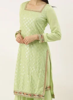 Teen Girls Green Ebroidered Square Neck Sharara Suit Festive Wear