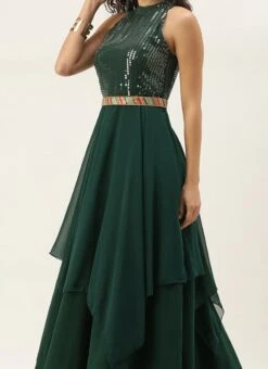 Teen Girls Green Embroidered Handkerchief Gown Party Wear
