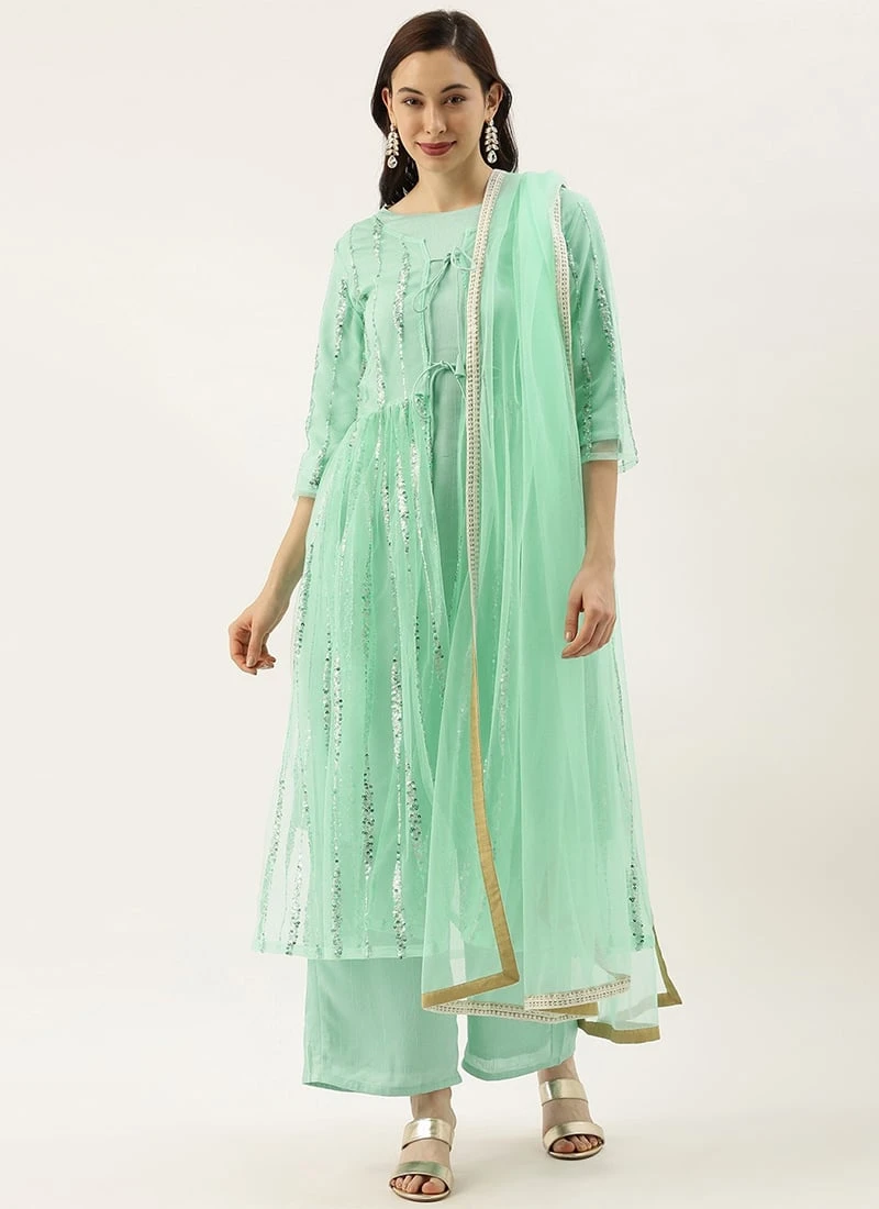 Teen Girls Green Embroidered Jacket Style Wide Leg Pant Set Festive Wear 3 Teen Girls Green Embroidered Jacket Style Wide Leg Pant Set Festive Wear - Image 3