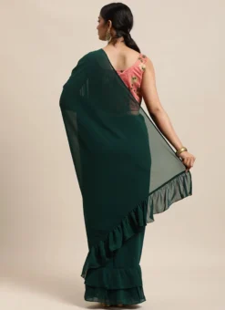 Teen Girls Green Georgette Saree N Pink Chanderi B -Mahra Clothing Shop Teen Girls Green Georgette Saree N Pink Chanderi B TGSABS02104300 b