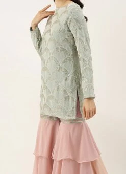 Teen Girls Green Georgette Sequins Layered Gharara Suit Party Wear