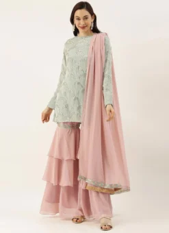 Teen Girls Green Georgette Sequins Layered Gharara Suit Party Wear -Mahra Clothing Shop Teen Girls Green Georgette Sequins Layered Gharara Suit TGSLBS02102948 u