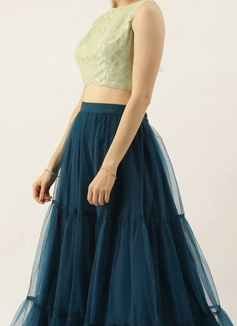 Teen Girls Green Georgette Sequins N Blue Net Lehenga Festive Wear 1 Teen Girls Green Georgette Sequins N Blue Net Lehenga Festive Wear