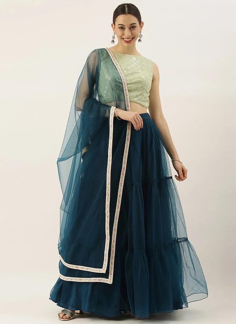 Teen Girls Green Georgette Sequins N Blue Net Lehenga Festive Wear 3 Teen Girls Green Georgette Sequins N Blue Net Lehenga Festive Wear - Image 3