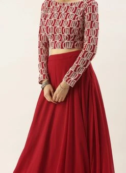 Teen Girls Maroon Georgette Embroidered Boat Neck Lehenga Festive Wear