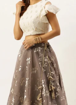 Teen Girls Off White Embroidered N Organza Lehenga Set Festive Wear