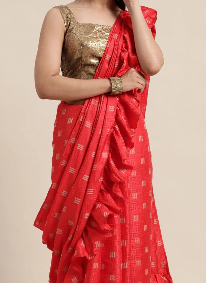 Teen Girls Red Art Silk N Brown Sequins Ruffle Saree Festive Wear 1 Teen Girls Red Art Silk N Brown Sequins Ruffle Saree Festive Wear