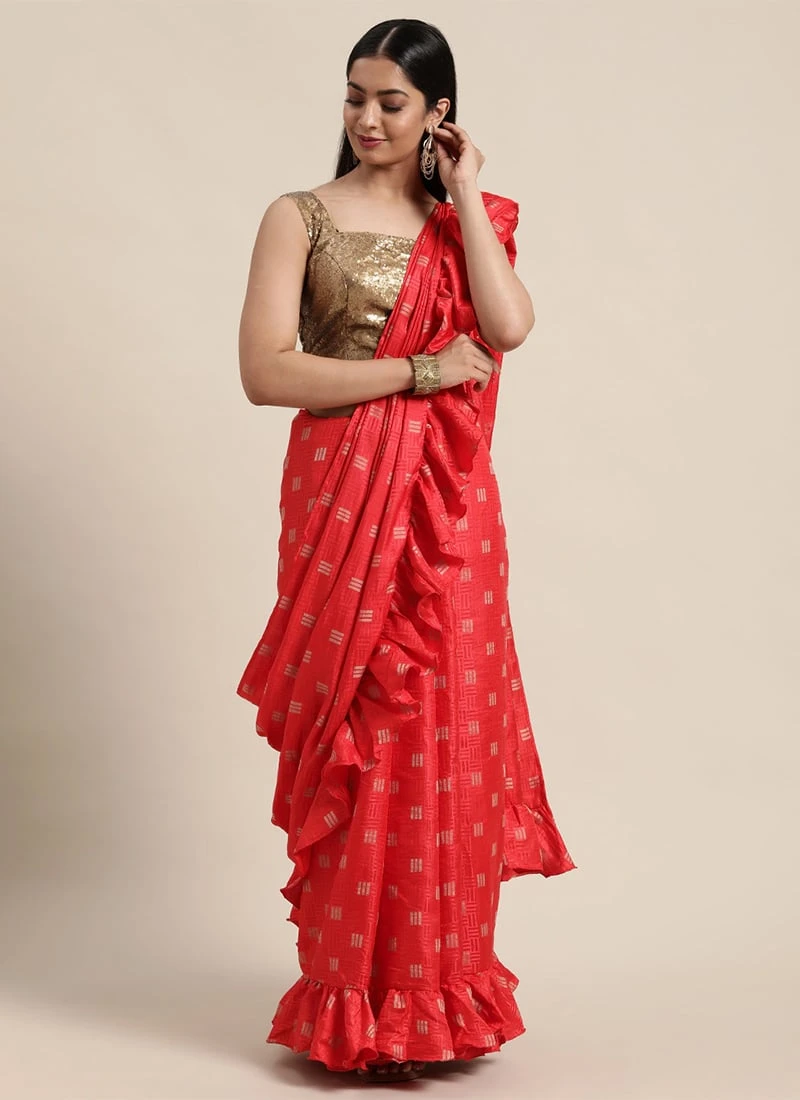 Teen Girls Red Art Silk N Brown Sequins Ruffle Saree Festive Wear 3 Teen Girls Red Art Silk N Brown Sequins Ruffle Saree Festive Wear - Image 3