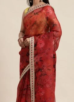 Teen Girls Red Organza Digital Printed Saree N Yellow Blouse Festive Wear