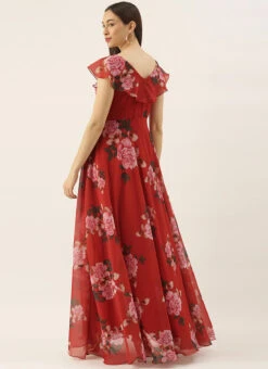 Teen Girls Rust Georgette Digital Printed Ruffle Neck Gown Party Wear -Mahra Clothing Shop Teen Girls Rust Georgette Digital Printed Ruffle Neck Gown TGIWBS02104207 b