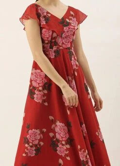 Teen Girls Rust Georgette Digital Printed Ruffle Neck Gown Party Wear