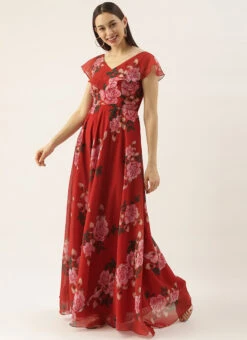 Teen Girls Rust Georgette Digital Printed Ruffle Neck Gown Party Wear -Mahra Clothing Shop Teen Girls Rust Georgette Digital Printed Ruffle Neck Gown TGIWBS02104207 u