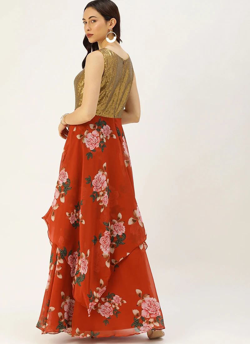 Teen Girls Rust N Brown Georgette Handkerchief Style Gown Festive Wear 4 Teen Girls Rust N Brown Georgette Handkerchief Style Gown Festive Wear - Image 4