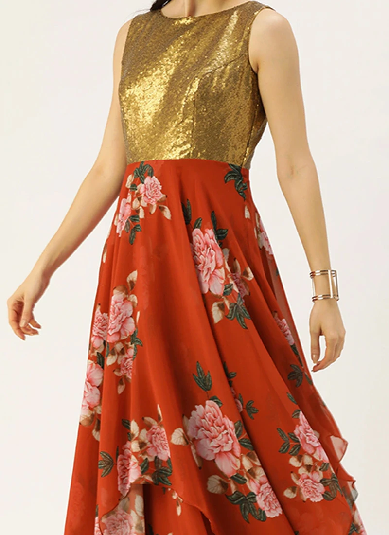 Teen Girls Rust N Brown Georgette Handkerchief Style Gown Festive Wear 1 Teen Girls Rust N Brown Georgette Handkerchief Style Gown Festive Wear