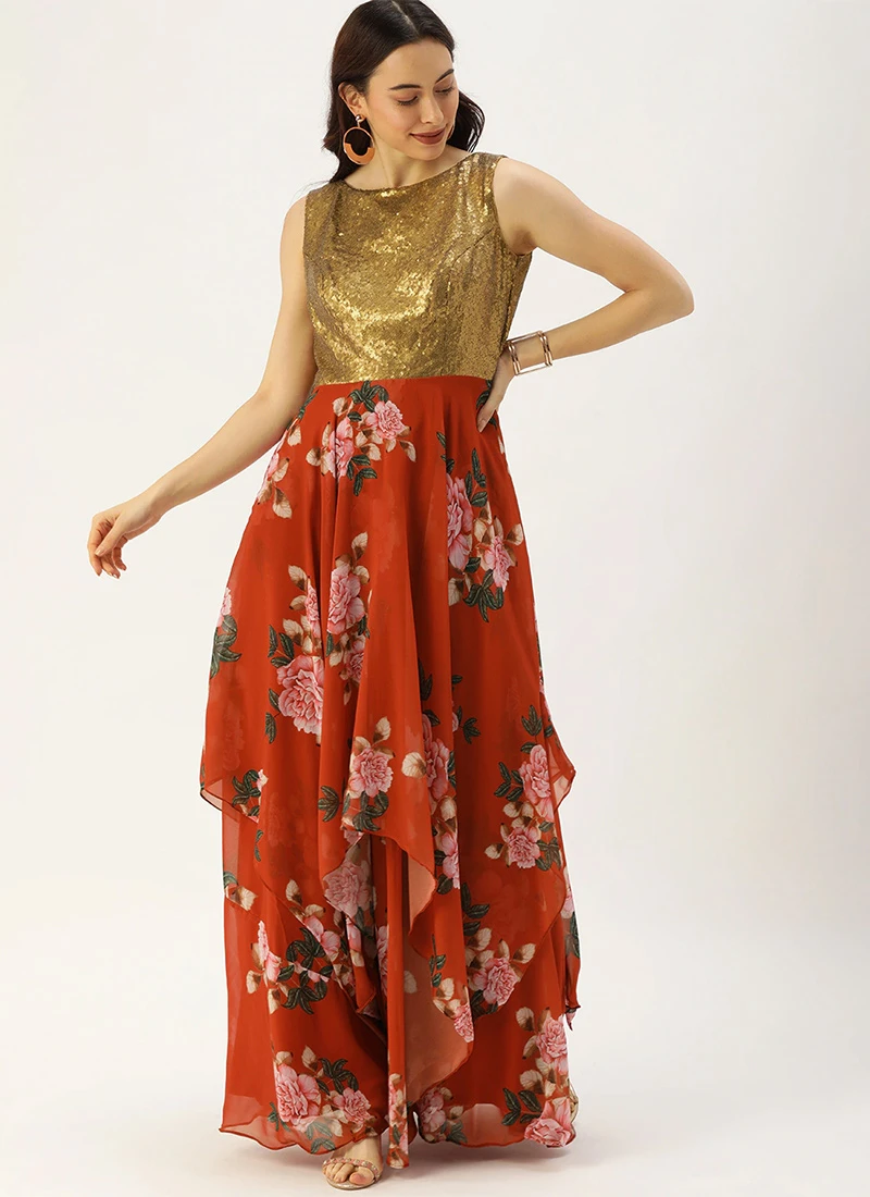 Teen Girls Rust N Brown Georgette Handkerchief Style Gown Festive Wear 3 Teen Girls Rust N Brown Georgette Handkerchief Style Gown Festive Wear - Image 3