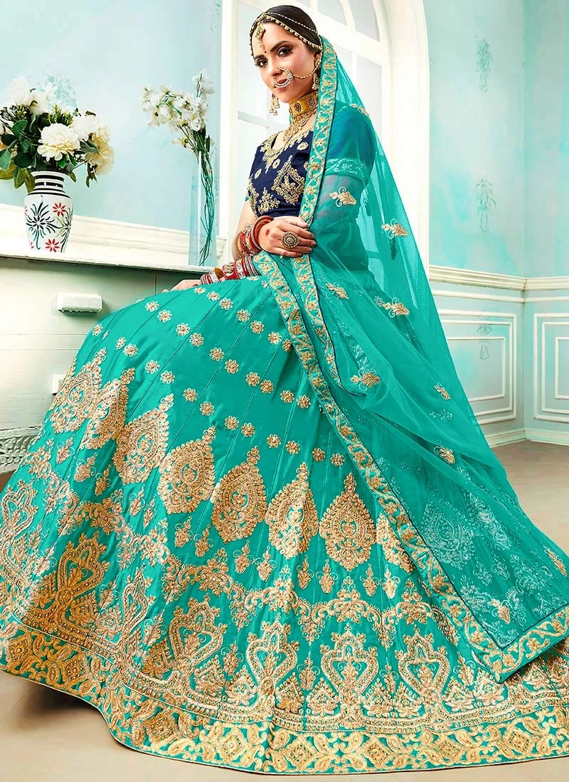 Turquoise Embroidered A Line Lehenga Wedding Wear 4 Turquoise Embroidered A Line Lehenga Wedding Wear - Image 4