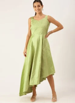 Pista Green High N Low Pleated Yoke Dress Festive Wear -Mahra Clothing Shop Turquoise High N Low Pleated Yoke Dress DRBS02108657 u 1