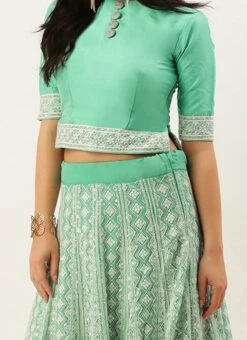 Teen Girls Turquoise N Green Embroidered Kali Lehenga Wedding Wear