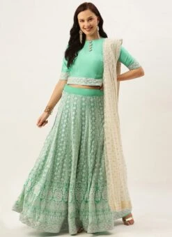 Teen Girls Turquoise N Green Embroidered Kali Lehenga Wedding Wear -Mahra Clothing Shop Turquoise N Green Embroidered Kali Lehenga GHBS02104321 u