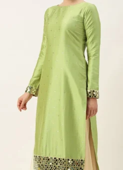 Teen Girls Pista Green N Peach Printed Embroidered Sharara Suit Festive Wear