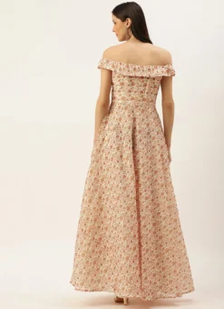 White Art Silk Digital Printed Off Shoulder Dress After Six Wear -Mahra Clothing Shop White Art Silk Digital Printed Off Shoulder Dress DRBS02205894 b