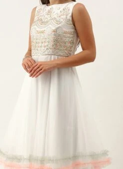 Teen Girls White Embroidered Layered Gown Party Wear