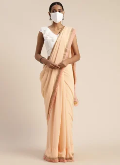 White Embroidered Ruffles Blouse N Peach Saree Party Wear -Mahra Clothing Shop White Embroidered Ruffles Blouse N Peach Saree SABS02004386 u