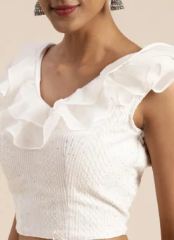 White Embroidered Ruffles Blouse N Peach Saree Party Wear -Mahra Clothing Shop White Embroidered Ruffles Blouse N Peach Saree SABS02004386 rrc3