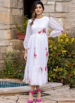 White Faux Chiffon Digital Print Fit And Flare Dress After Six Wear -Mahra Clothing Shop White Faux Chiffon Digital Print Fit And Flare Dress DRSSUF1304 u