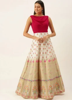 White Jacquard N Hot Pink Georgette Kali Gown Party Wear -Mahra Clothing Shop White Jacquard N Hot Pink Georgette Kali Gown IWBS02201193 u