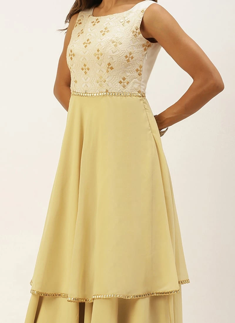 Teen Girls White N Beige Foil Print Layered Gown Festive Wear 1 Teen Girls White N Beige Foil Print Layered Gown Festive Wear