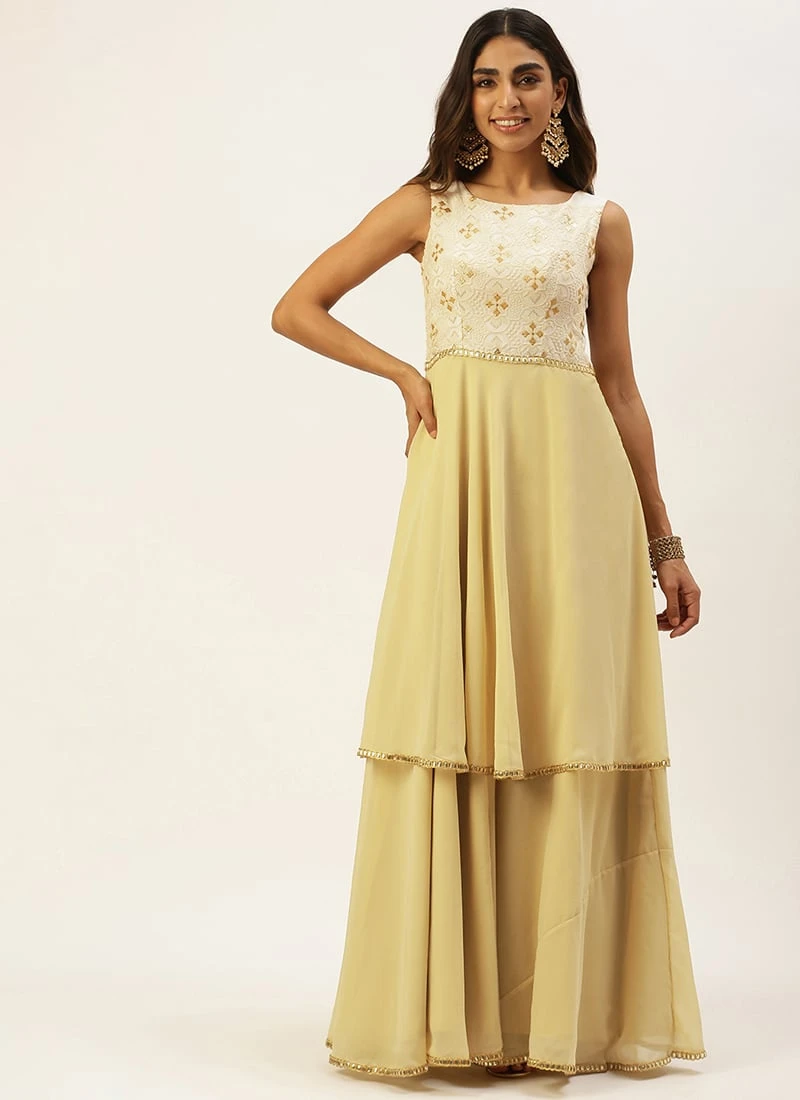 Teen Girls White N Beige Foil Print Layered Gown Festive Wear 3 Teen Girls White N Beige Foil Print Layered Gown Festive Wear - Image 3