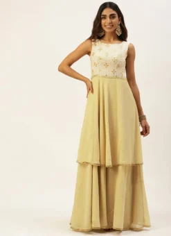 White N Beige Foil Print Layered Gown Wedding Wear -Mahra Clothing Shop White N Beige Foil Print Layered Gown IWBS02205028 u