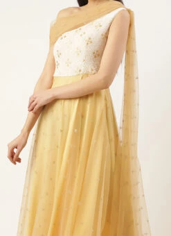 Teen Girls White N Beige Net Embroidered One Shoulder Gown Party Wear