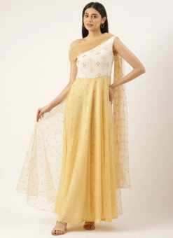 Teen Girls White N Beige Net Embroidered One Shoulder Gown Party Wear -Mahra Clothing Shop White N Beige Net Embroidered One Shoulder Gown IWBS02204711 u