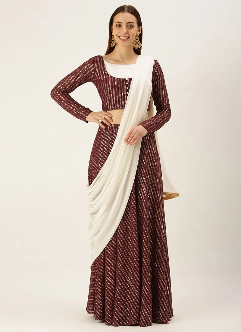 Teen Girls White N Maroon Embroidered Jacket Lehenga Set After Six Wear 3 Teen Girls White N Maroon Embroidered Jacket Lehenga Set After Six Wear - Image 3