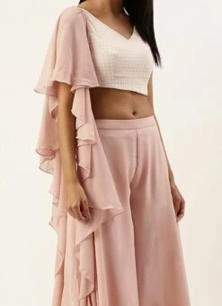 Teen Girls White N Pink Draped Palazzo Suit Festive Wear