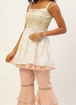 Teen Girls White N Pink Peplum Top Gharara Set Festive Wear