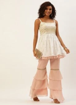 Teen Girls White N Pink Peplum Top Gharara Set Festive Wear -Mahra Clothing Shop White N Pink Peplum Top Gharara Set IWBS02209675 u 1