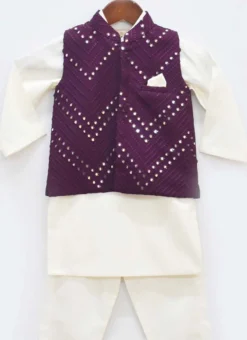 White N Wine Cotton Silk Mirror Embroidery Bandi Set