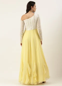 Teen Girls White N Yellow Embroidered One Shoulder Ruffle Gown Party Wear -Mahra Clothing Shop White N Yellow Embroidered One Shoulder Ruffle Gown IWBS02204751 b