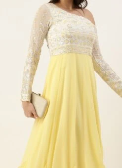Teen Girls White N Yellow Embroidered One Shoulder Ruffle Gown Party Wear