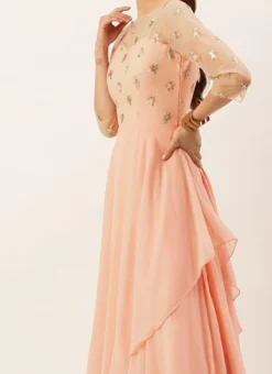 White Net Embroidered N Pink Layered Gown Wedding Wear