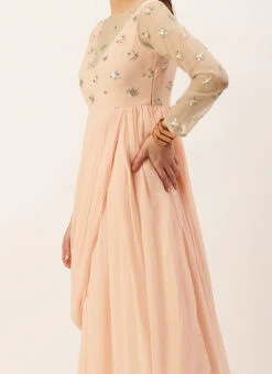 Teen Girls White Net Embroidered Peach Georgette Gown Festive Wear