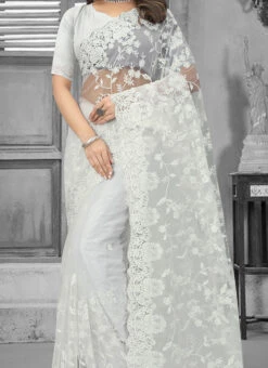 White Net Embroidered Saree Party Wear